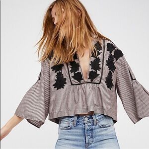 Free People Striped Black Embroidered Women's Top